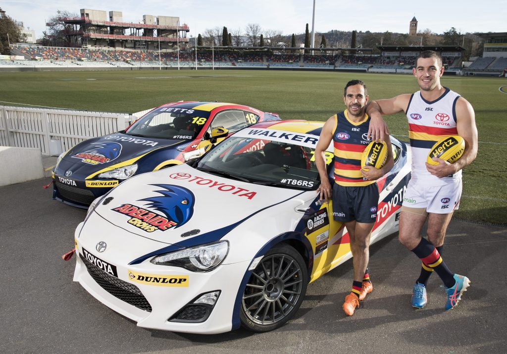 The Adelaide Crows’ Eddie Betts (left) and captain Tex Walker have lent their names and team colours to the Toyota 86 Racing Series for its SA debut