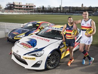 The Adelaide Crows’ Eddie Betts (left) and captain Tex Walker have lent their names and team colours to the Toyota 86 Racing Series for its SA debut