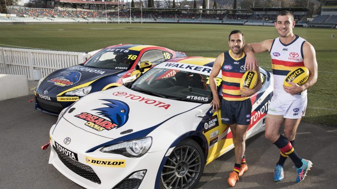 The Adelaide Crows’ Eddie Betts (left) and captain Tex Walker have lent their names and team colours to the Toyota 86 Racing Series for its SA debut